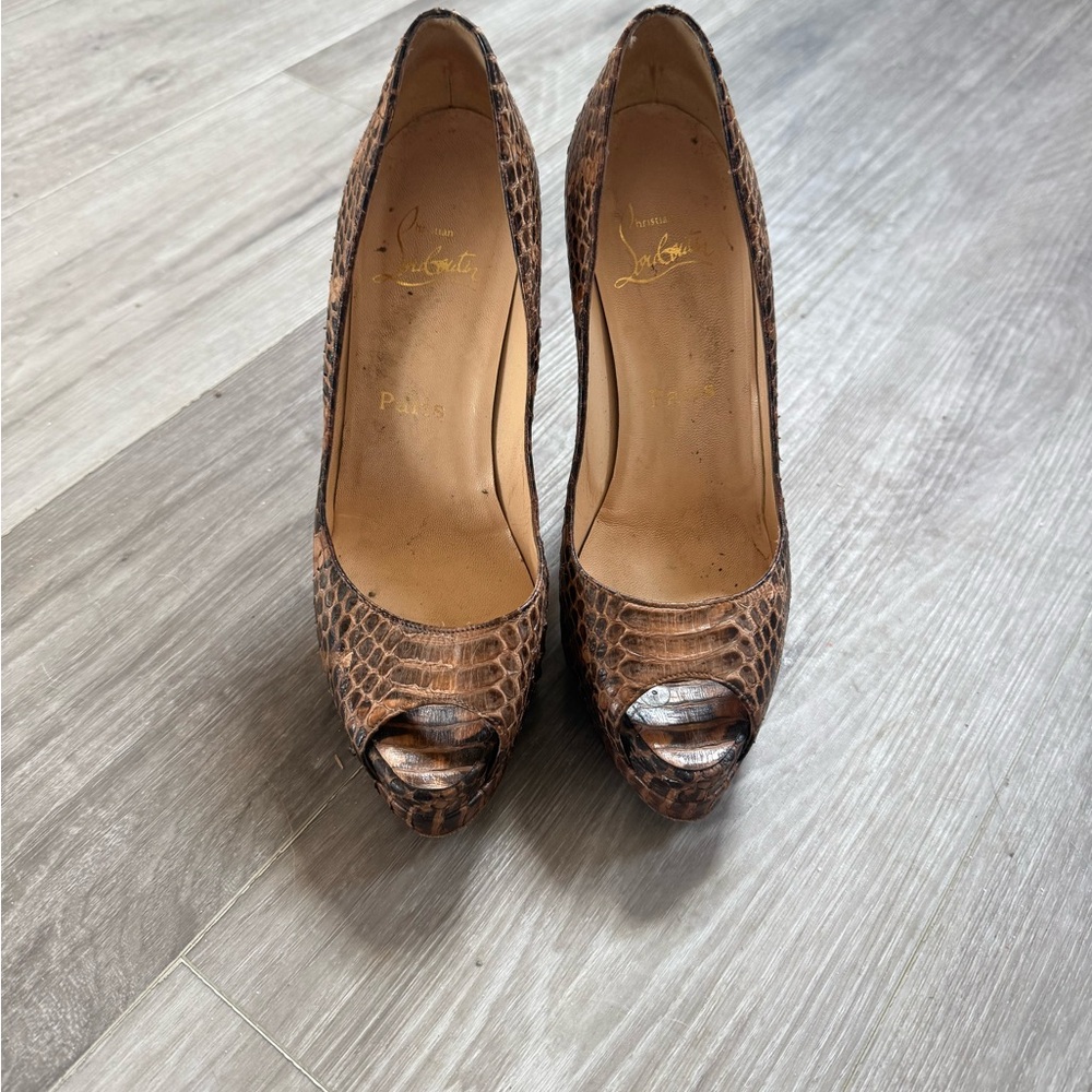 Christian Louboutin Brown Snakeskin Peep-Toe Heels